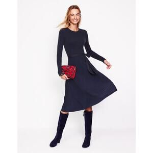 Boden Lola Knitted Midi Dress in Navy Black Pleated Waist Tie Womens 16/18